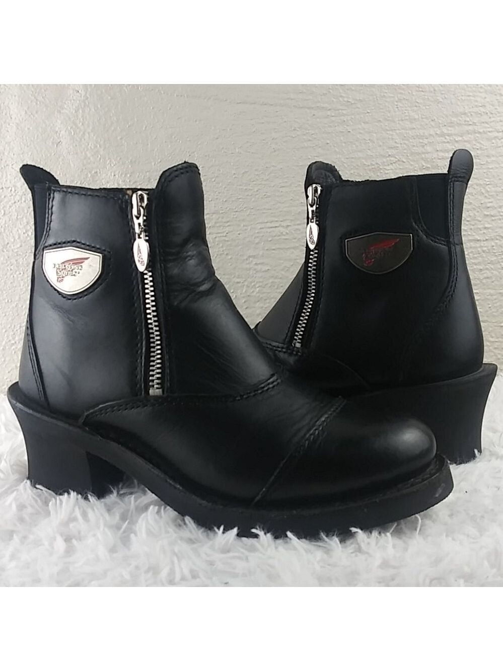 Red Wing Black Leather Round Toe Side Zipper Mid Blocked Heel Moto Ankle Boot
